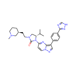 CC(C)[C@H]1CN(CC[C@@H]2CCCN(C)C2)C(=O)N1c1ccn2ncc(-c3ccc(-c4nc[nH]n4)cc3)c2n1 ZINC000165213250