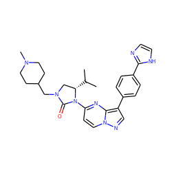 CC(C)[C@H]1CN(CC2CCN(C)CC2)C(=O)N1c1ccn2ncc(-c3ccc(-c4ncc[nH]4)cc3)c2n1 ZINC000150297643