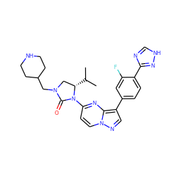 CC(C)[C@H]1CN(CC2CCNCC2)C(=O)N1c1ccn2ncc(-c3ccc(-c4nc[nH]n4)c(F)c3)c2n1 ZINC000116179363