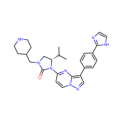 CC(C)[C@H]1CN(CC2CCNCC2)C(=O)N1c1ccn2ncc(-c3ccc(-c4ncc[nH]4)cc3)c2n1 ZINC000116184202