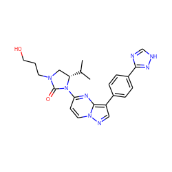 CC(C)[C@H]1CN(CCCO)C(=O)N1c1ccn2ncc(-c3ccc(-c4nc[nH]n4)cc3)c2n1 ZINC000116186331