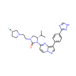 CC(C)[C@H]1CN(CCN2CC[C@H](F)C2)C(=O)N1c1ccn2ncc(-c3ccc(-c4nc[nH]n4)cc3)c2n1 ZINC000150329076