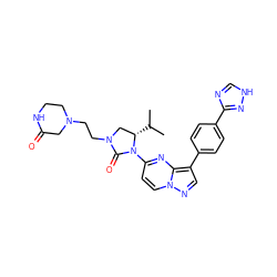 CC(C)[C@H]1CN(CCN2CCNC(=O)C2)C(=O)N1c1ccn2ncc(-c3ccc(-c4nc[nH]n4)cc3)c2n1 ZINC000116186975