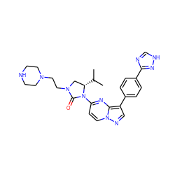 CC(C)[C@H]1CN(CCN2CCNCC2)C(=O)N1c1ccn2ncc(-c3ccc(-c4nc[nH]n4)cc3)c2n1 ZINC000165240636