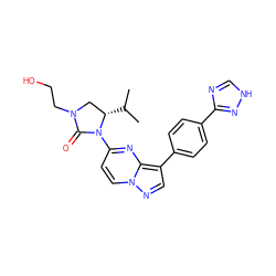 CC(C)[C@H]1CN(CCO)C(=O)N1c1ccn2ncc(-c3ccc(-c4nc[nH]n4)cc3)c2n1 ZINC000116185290