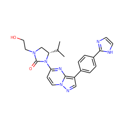 CC(C)[C@H]1CN(CCO)C(=O)N1c1ccn2ncc(-c3ccc(-c4ncc[nH]4)cc3)c2n1 ZINC000150298815