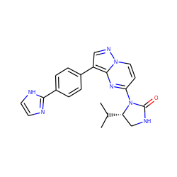 CC(C)[C@H]1CNC(=O)N1c1ccn2ncc(-c3ccc(-c4ncc[nH]4)cc3)c2n1 ZINC000116188979