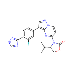 CC(C)[C@H]1COC(=O)N1c1ccn2ncc(-c3ccc(-c4nc[nH]n4)c(F)c3)c2n1 ZINC000116185277