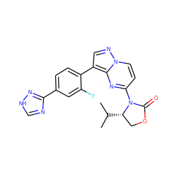 CC(C)[C@H]1COC(=O)N1c1ccn2ncc(-c3ccc(-c4nc[nH]n4)cc3F)c2n1 ZINC000116189245