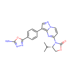 CC(C)[C@H]1COC(=O)N1c1ccn2ncc(-c3ccc(-c4nnc(N)o4)cc3)c2n1 ZINC000116185220