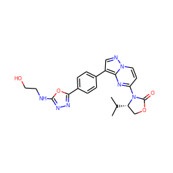 CC(C)[C@H]1COC(=O)N1c1ccn2ncc(-c3ccc(-c4nnc(NCCO)o4)cc3)c2n1 ZINC000169708437