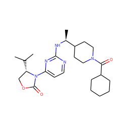 CC(C)[C@H]1COC(=O)N1c1ccnc(N[C@@H](C)C2CCN(C(=O)C3CCCCC3)CC2)n1 ZINC000222621392