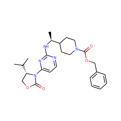 CC(C)[C@H]1COC(=O)N1c1ccnc(N[C@@H](C)C2CCN(C(=O)OCc3ccccc3)CC2)n1 ZINC000218482652