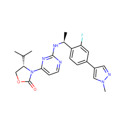 CC(C)[C@H]1COC(=O)N1c1ccnc(N[C@@H](C)c2ccc(-c3cnn(C)c3)cc2F)n1 ZINC000142136500