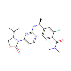 CC(C)[C@H]1COC(=O)N1c1ccnc(N[C@@H](C)c2ccc(C(=O)N(C)C)c(F)c2)n1 ZINC000142071965