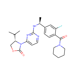 CC(C)[C@H]1COC(=O)N1c1ccnc(N[C@@H](C)c2ccc(C(=O)N3CCCCC3)c(F)c2)n1 ZINC000218484489