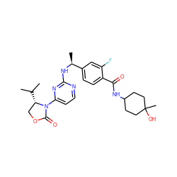 CC(C)[C@H]1COC(=O)N1c1ccnc(N[C@@H](C)c2ccc(C(=O)NC3CCC(C)(O)CC3)c(F)c2)n1 ZINC000205184608