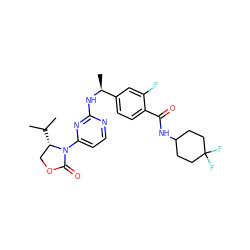 CC(C)[C@H]1COC(=O)N1c1ccnc(N[C@@H](C)c2ccc(C(=O)NC3CCC(F)(F)CC3)c(F)c2)n1 ZINC000142114877