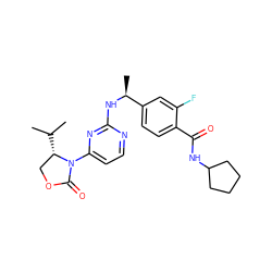 CC(C)[C@H]1COC(=O)N1c1ccnc(N[C@@H](C)c2ccc(C(=O)NC3CCCC3)c(F)c2)n1 ZINC000142114653