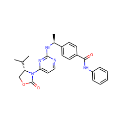 CC(C)[C@H]1COC(=O)N1c1ccnc(N[C@@H](C)c2ccc(C(=O)Nc3ccccc3)cc2)n1 ZINC000142108294