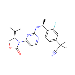 CC(C)[C@H]1COC(=O)N1c1ccnc(N[C@@H](C)c2ccc(C3(C#N)CC3)cc2F)n1 ZINC000142136268