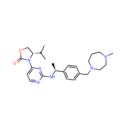 CC(C)[C@H]1COC(=O)N1c1ccnc(N[C@@H](C)c2ccc(CN3CCCN(C)CC3)cc2)n1 ZINC000142061382