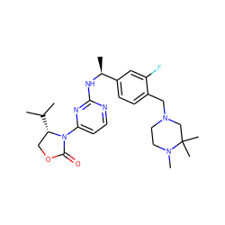 CC(C)[C@H]1COC(=O)N1c1ccnc(N[C@@H](C)c2ccc(CN3CCN(C)C(C)(C)C3)c(F)c2)n1 ZINC000205153910