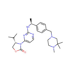 CC(C)[C@H]1COC(=O)N1c1ccnc(N[C@@H](C)c2ccc(CN3CCN(C)C(C)(C)C3)cc2)n1 ZINC000205184578