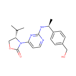 CC(C)[C@H]1COC(=O)N1c1ccnc(N[C@@H](C)c2ccc(CO)cc2)n1 ZINC000218473150