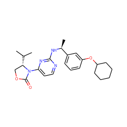 CC(C)[C@H]1COC(=O)N1c1ccnc(N[C@@H](C)c2cccc(OC3CCCCC3)c2)n1 ZINC000221305758