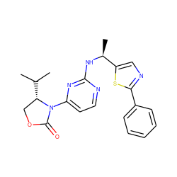 CC(C)[C@H]1COC(=O)N1c1ccnc(N[C@@H](C)c2cnc(-c3ccccc3)s2)n1 ZINC000220644882