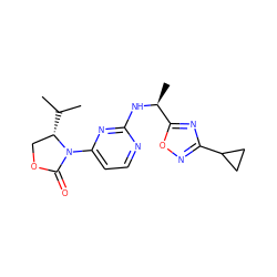 CC(C)[C@H]1COC(=O)N1c1ccnc(N[C@@H](C)c2nc(C3CC3)no2)n1 ZINC000142078318