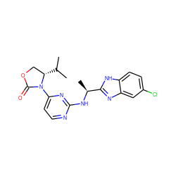 CC(C)[C@H]1COC(=O)N1c1ccnc(N[C@@H](C)c2nc3cc(Cl)ccc3[nH]2)n1 ZINC000142125764