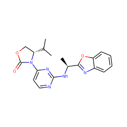 CC(C)[C@H]1COC(=O)N1c1ccnc(N[C@@H](C)c2nc3ccccc3o2)n1 ZINC000142112393