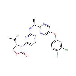 CC(C)[C@H]1COC(=O)N1c1ccnc(N[C@@H](C)c2ncc(Oc3ccc(F)c(Cl)c3)cn2)n1 ZINC000221128520