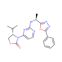 CC(C)[C@H]1COC(=O)N1c1ccnc(N[C@@H](C)c2nnc(-c3ccccc3)o2)n1 ZINC000218482552