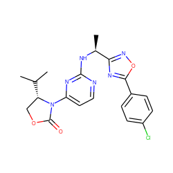 CC(C)[C@H]1COC(=O)N1c1ccnc(N[C@@H](C)c2noc(-c3ccc(Cl)cc3)n2)n1 ZINC000205156317