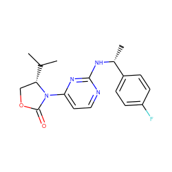 CC(C)[C@H]1COC(=O)N1c1ccnc(N[C@H](C)c2ccc(F)cc2)n1 ZINC000142094228