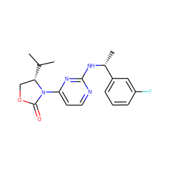 CC(C)[C@H]1COC(=O)N1c1ccnc(N[C@H](C)c2cccc(F)c2)n1 ZINC000218478590