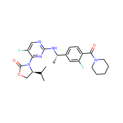 CC(C)[C@H]1COC(=O)N1c1nc(N[C@@H](C)c2ccc(C(=O)N3CCCCC3)c(F)c2)ncc1F ZINC000205150435