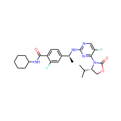 CC(C)[C@H]1COC(=O)N1c1nc(N[C@@H](C)c2ccc(C(=O)NC3CCCCC3)c(F)c2)ncc1F ZINC000205150467