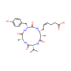 CC(C)[C@H]1NC(=O)[C@@H](C)[C@@H](C/C=C\CCC(=O)O)NC(=O)[C@@H](Cc2ccc(O)cc2)NC(=O)[C@@H](C)NC1=O ZINC000014858639
