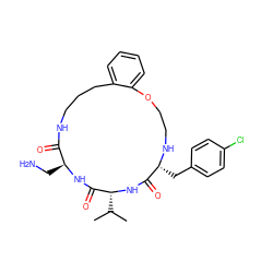 CC(C)[C@H]1NC(=O)[C@@H](Cc2ccc(Cl)cc2)NCCOc2ccccc2CCCNC(=O)[C@H](CN)NC1=O ZINC000028823449