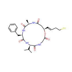 CC(C)[C@H]1NC(=O)[C@@H](Cc2ccccc2)NC(=O)[C@@H](C)NC(=O)C[C@@H](/C=C/CCS)OC(=O)CNC1=O ZINC000043195456