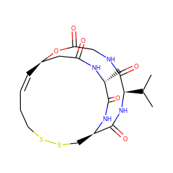 CC(C)[C@H]1NC(=O)[C@H]2CSSCC/C=C/[C@H](CC(=O)N[C@H](C)C(=O)N2)OC(=O)CNC1=O ZINC000014970036