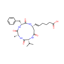 CC(C)[C@H]1NC(=O)C[C@@H](/C=C/CCCC(=O)O)NC(=O)[C@@H](Cc2ccccc2)NC(=O)[C@@H](C)NC1=O ZINC000299833421