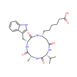 CC(C)[C@H]1NC(=O)C[C@@H](CCCCCC(=O)O)NC(=O)[C@@H](Cc2c[nH]c3ccccc23)NC(=O)[C@@H](C)NC1=O ZINC000299824990