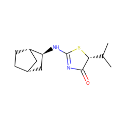 CC(C)[C@H]1SC(N[C@H]2C[C@@H]3CC[C@H]2C3)=NC1=O ZINC000049112941