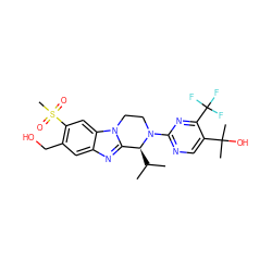 CC(C)[C@H]1c2nc3cc(CO)c(S(C)(=O)=O)cc3n2CCN1c1ncc(C(C)(C)O)c(C(F)(F)F)n1 ZINC000147684284