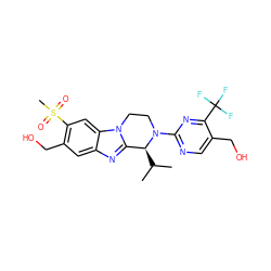 CC(C)[C@H]1c2nc3cc(CO)c(S(C)(=O)=O)cc3n2CCN1c1ncc(CO)c(C(F)(F)F)n1 ZINC000147765964